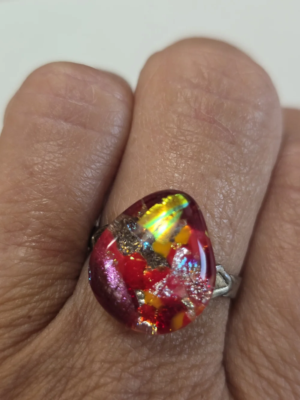 Vibrant Red Mosaic Dichroic Glass Statement Ring